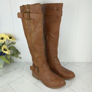 Vanity Side Buckle Zip Up Knee High Riding Boots Brown Faux Leather 7M Fall Boho